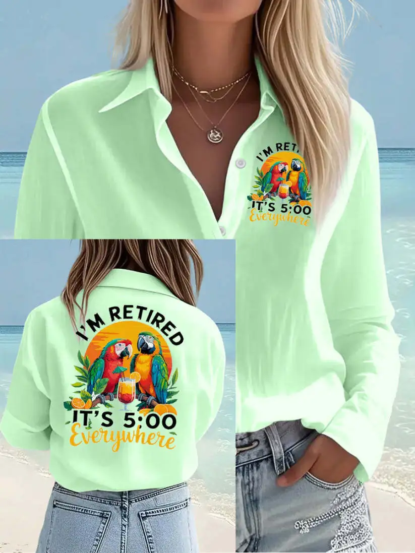 Women's I'm Retired It's 5 O'clock Everywhere Parrot Print Casual Shirt