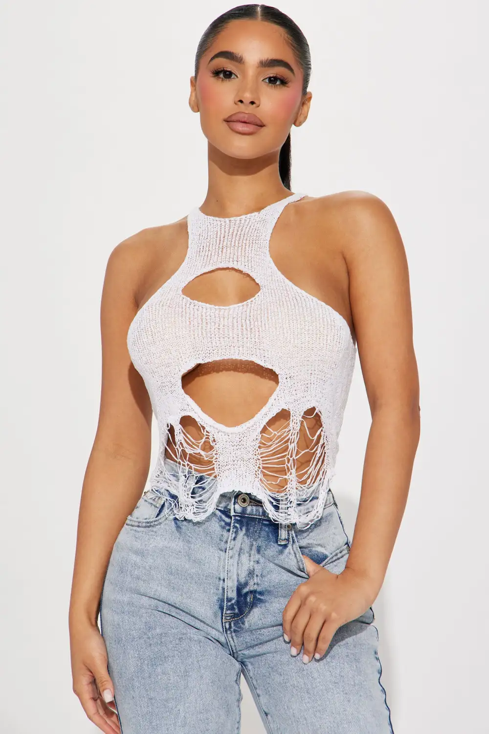 Always Trendy Distressed Sweater Top - White