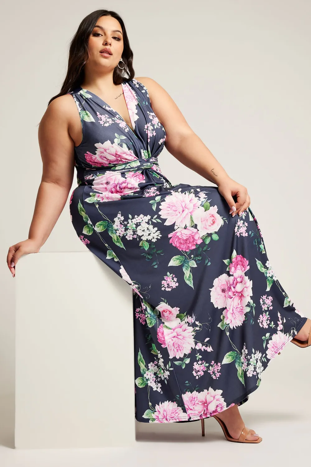 YOURS LONDON Curve Navy Blue Floral Print Knot Front Maxi Dress