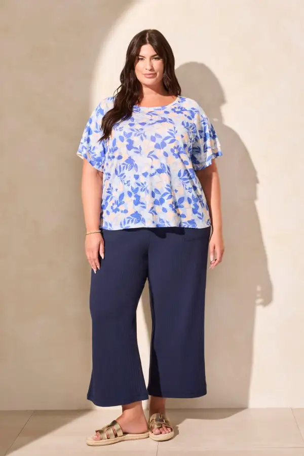 Linen-Blend Ruffle-Sleeve Crew Neck Top-Scuba Blue