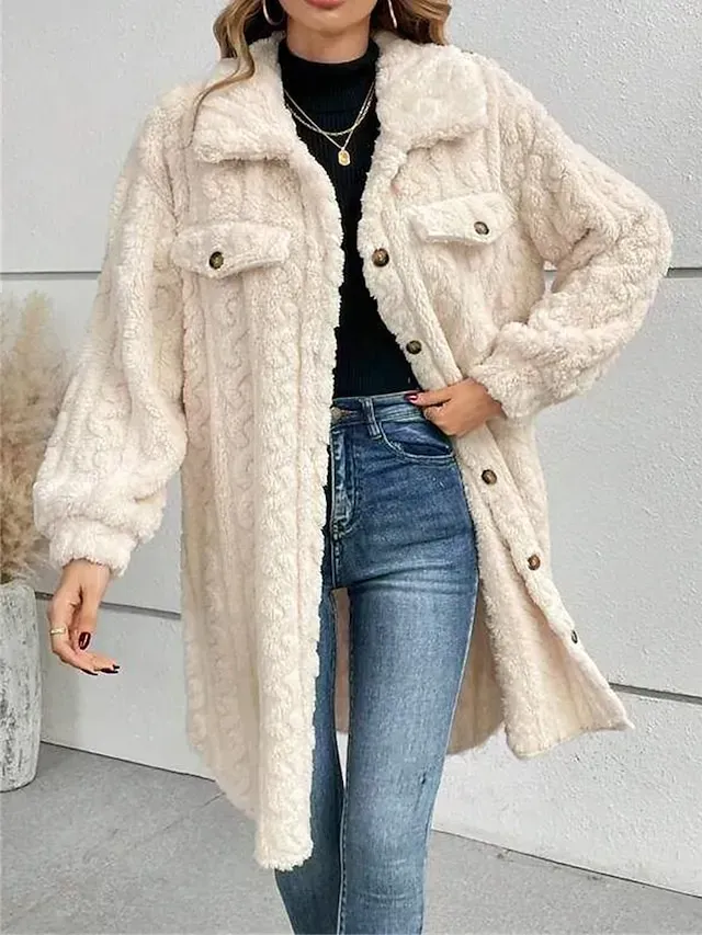 Women's Winter Coat Teddy Coat Coat Windproof Warm Outdoor Street Daily Going out Button Pocket Fleece Lined Single Breasted Lapel Fashion Plush Casual Minimalism Solid Color Regular Fit Outerwear