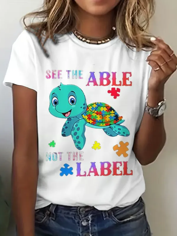 Women'S T-Shirt Women'S Autistic Print T-Shirt Alphabet Print Round Neck Cotton Short Sleeve