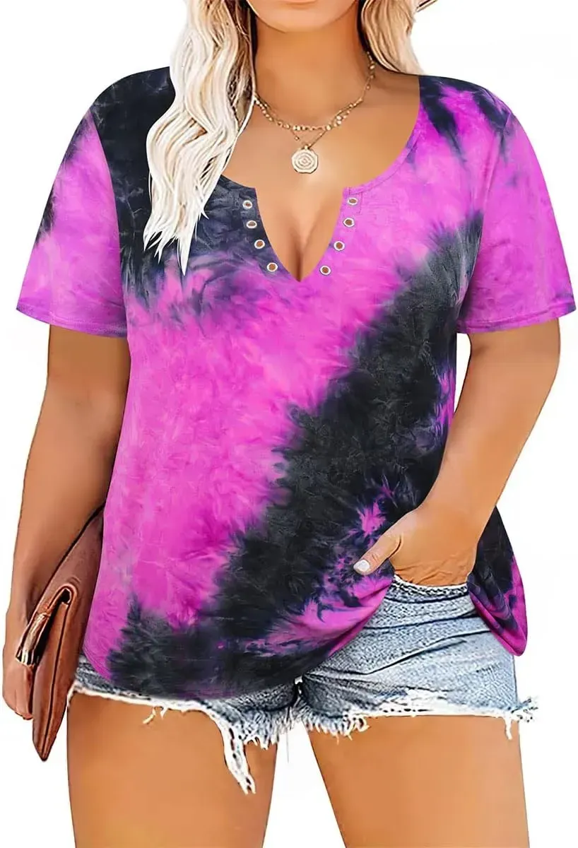 TIYOMI Plus Size T Shirt for Women Short Sleeve Tunic Cross Line Shirts Round Neck Tops Summer Blouse XL-5XL 14-28