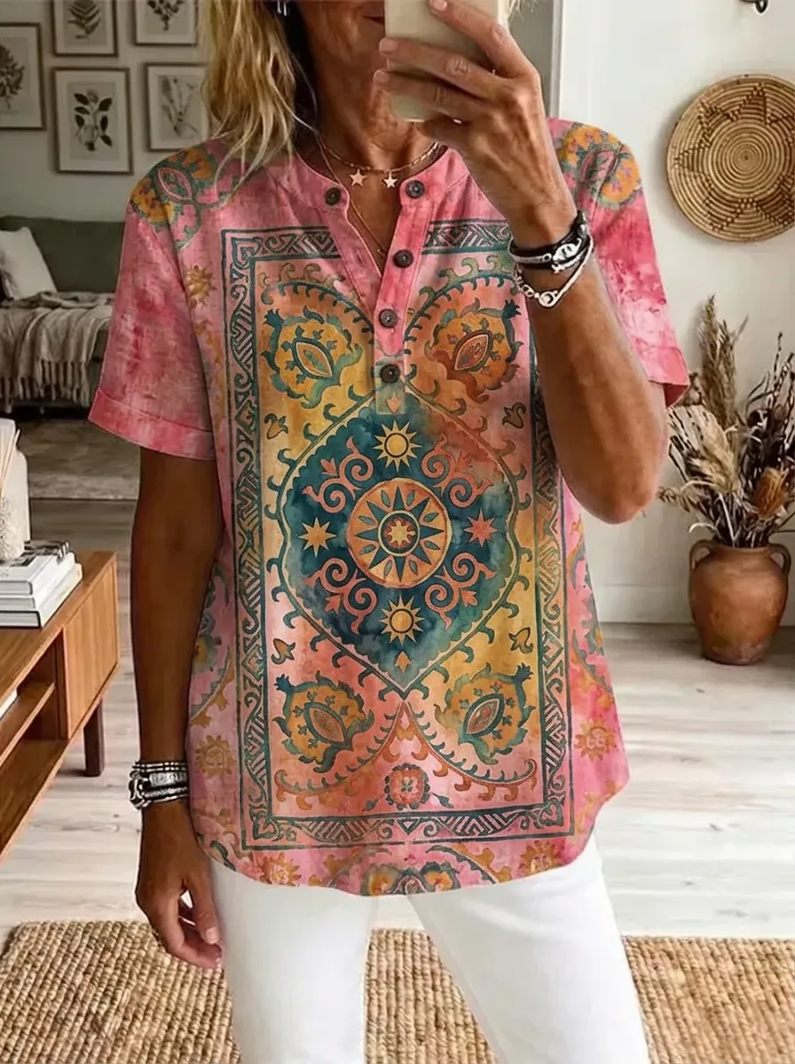 Women's Nashville Boho Mandala Printed Henley Shirt