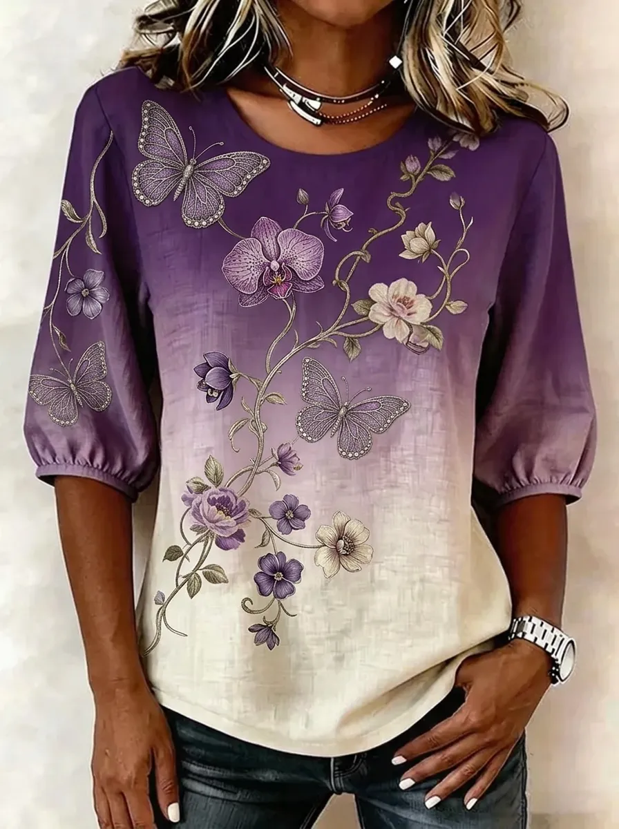 Women's Nashville Butterfly Orchid Floral Printed Top