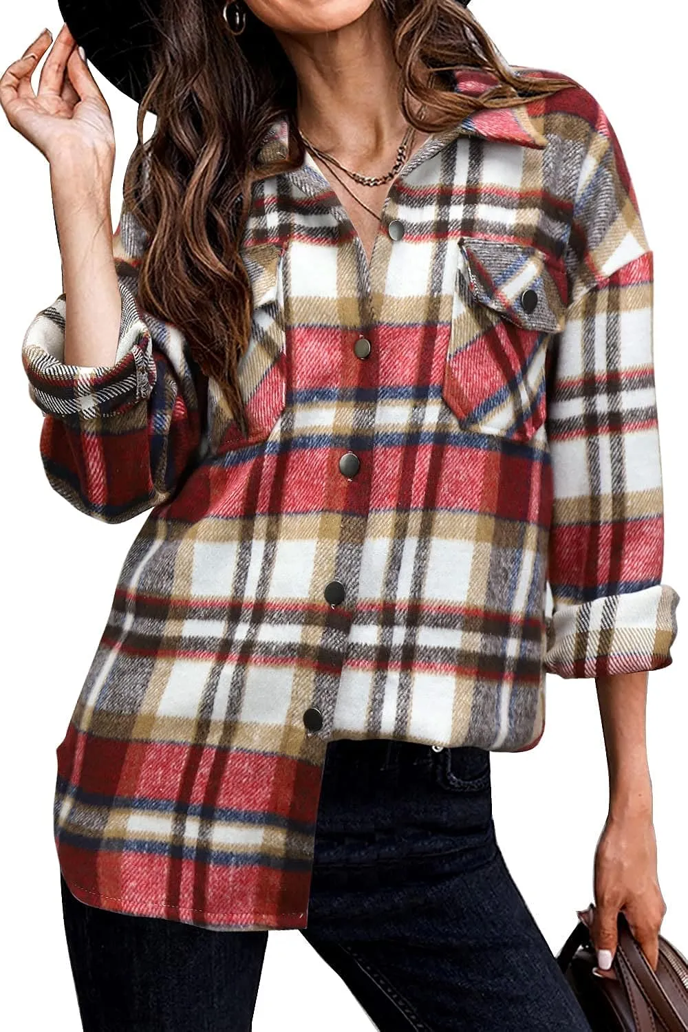 Women's Flannel Plaid Shacket Long Sleeve Button Down Chest Pocketed Shirts Jacket Coats