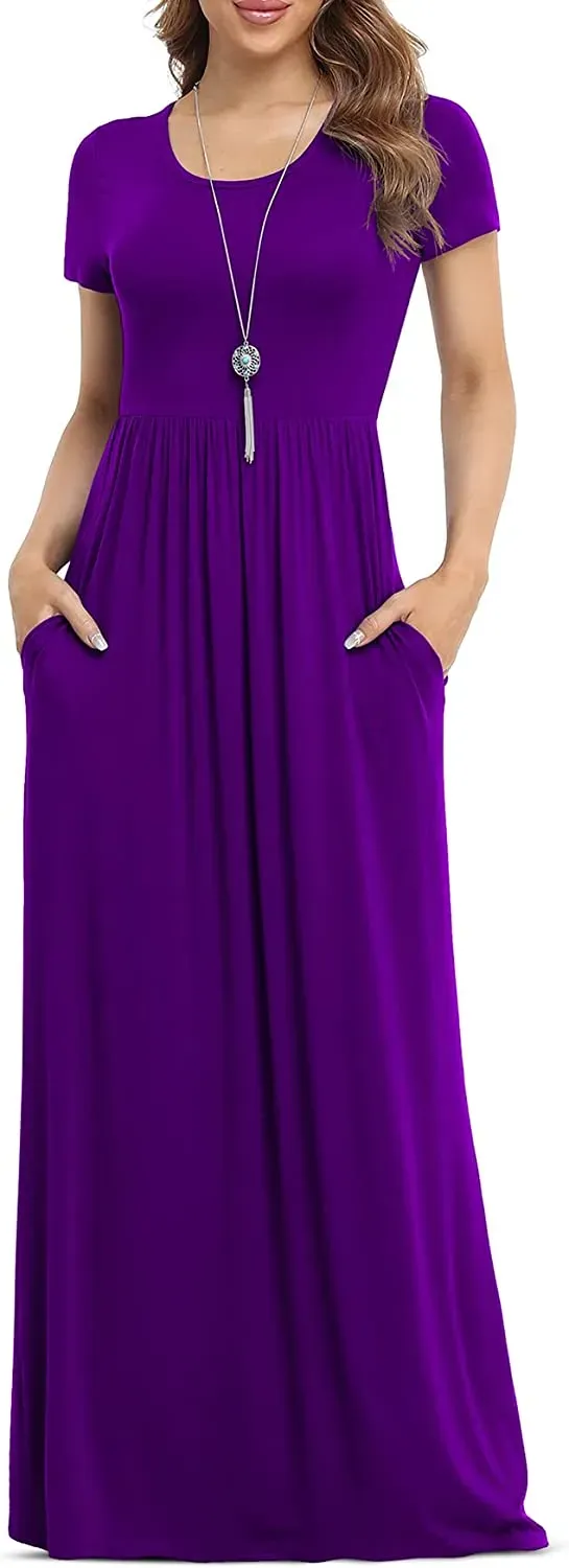 Women's Short Sleeve Loose Plain Maxi Dresses Casual Long Dresses with Pockets