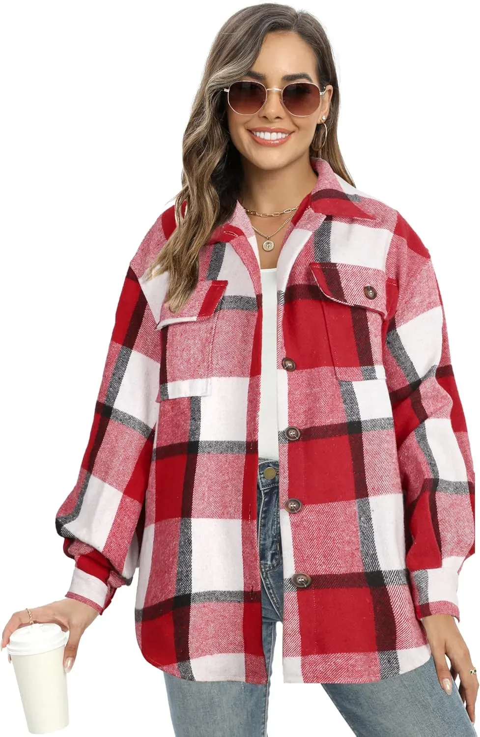 Women's Casual Plaid Flannel Shacket Jacket Oversized Button Down Long Sleeve Fall Shirts Jacket Lapel Coats Tops