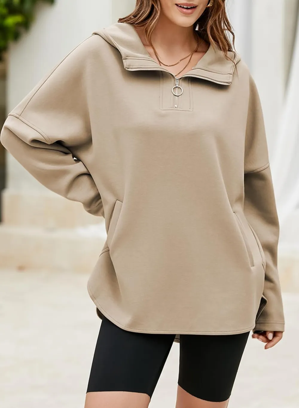 Women's Oversized Hoodies Casual Long Sleeve Half Zipper Pocket Sweatshirt Pullover Tops