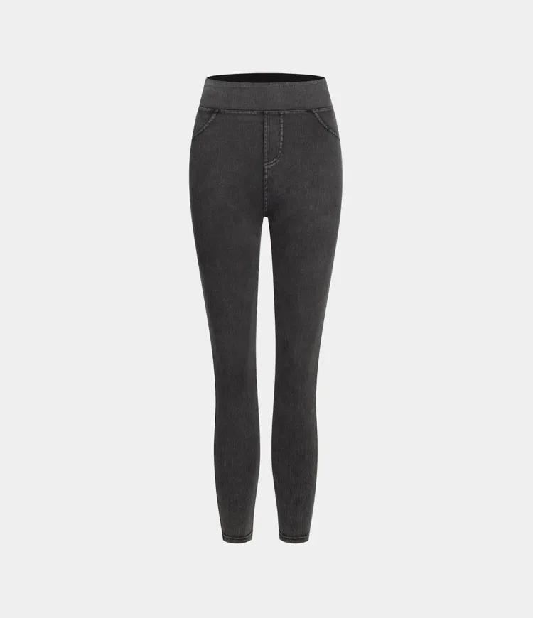 High Waisted Back Side Pocket Stretchy Knit Denim Casual Leggings