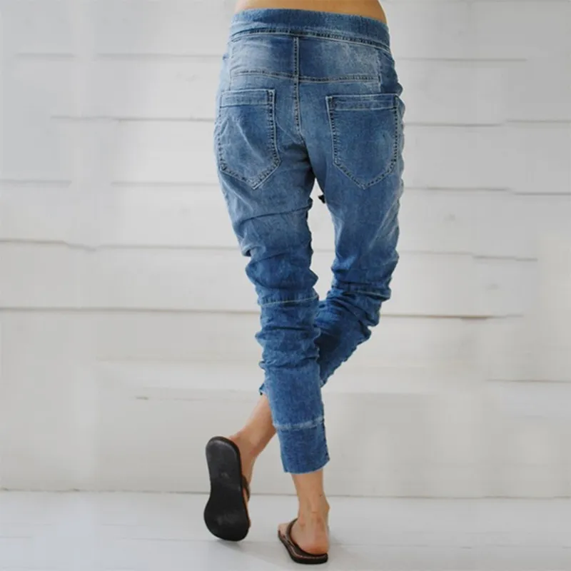 Women's Lace-up Casual Denim Harem Pants In Blue