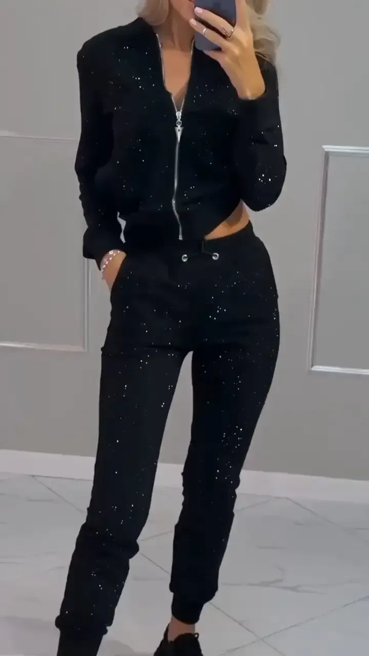 Women's Zipper Hot Diamond Casual Sports Suit