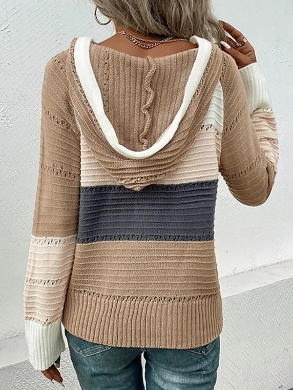 Women's Pullover Sweater Jumper V Neck Knit Hooded Spring Fall Daily Casual Soft Long Sleeve Color Block Apricot