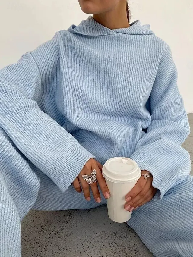 Women's Fashion Streetwear Daily Hoodie Sweatpants Long Sleeve Crew Neck Plain Drawstring Casual Daily Black White Blue Fall Regular Fit