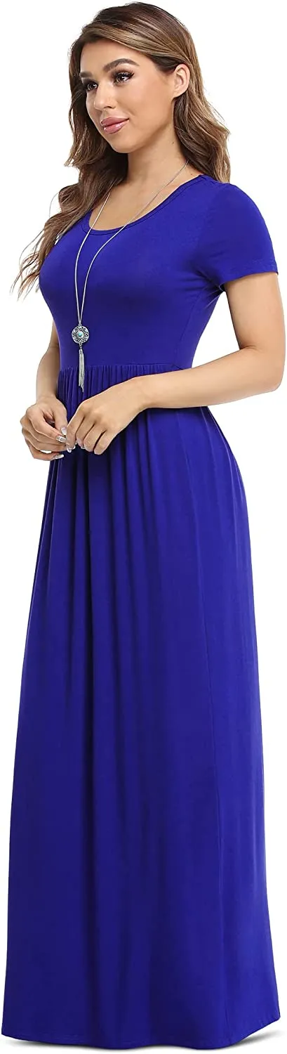 Women's Short Sleeve Loose Plain Maxi Dresses Casual Long Dresses with Pockets