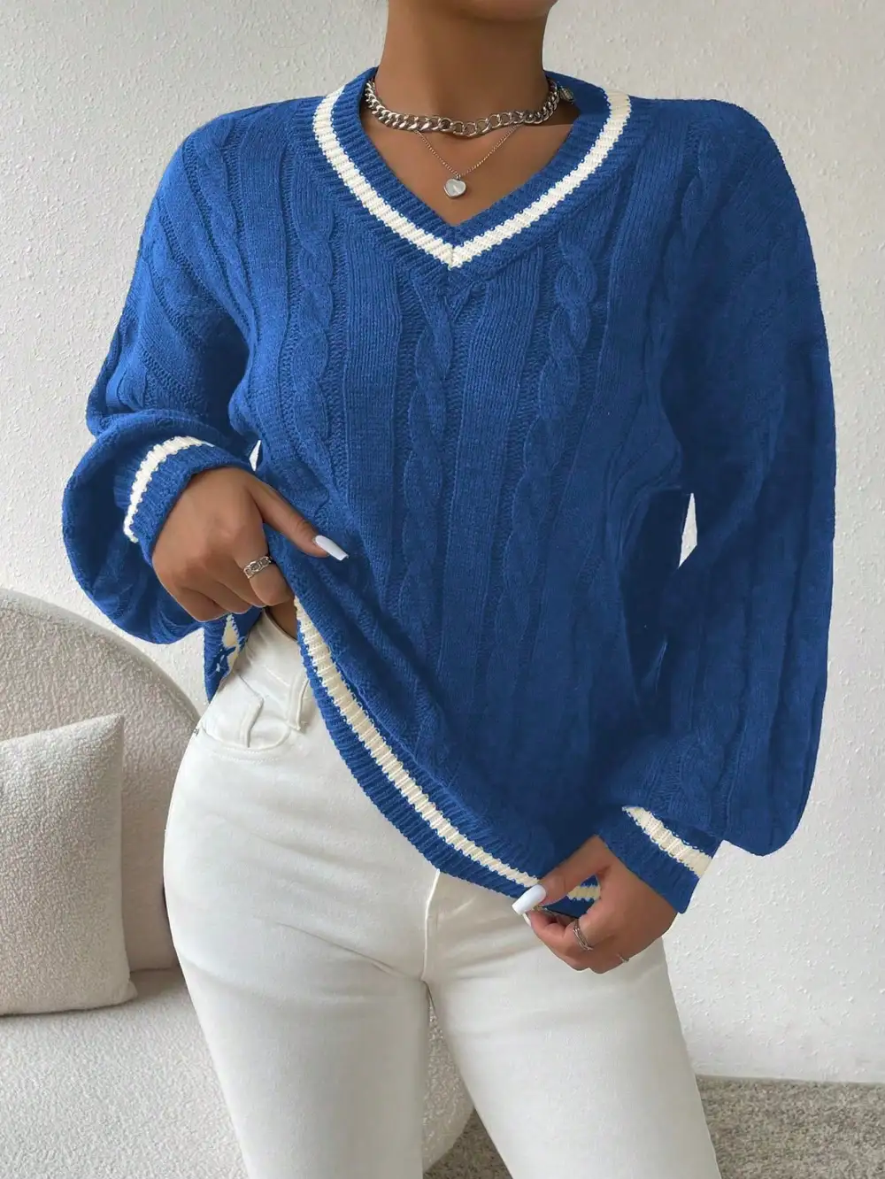 Sweater ribete de rayas tejido de cable de hombros caídos