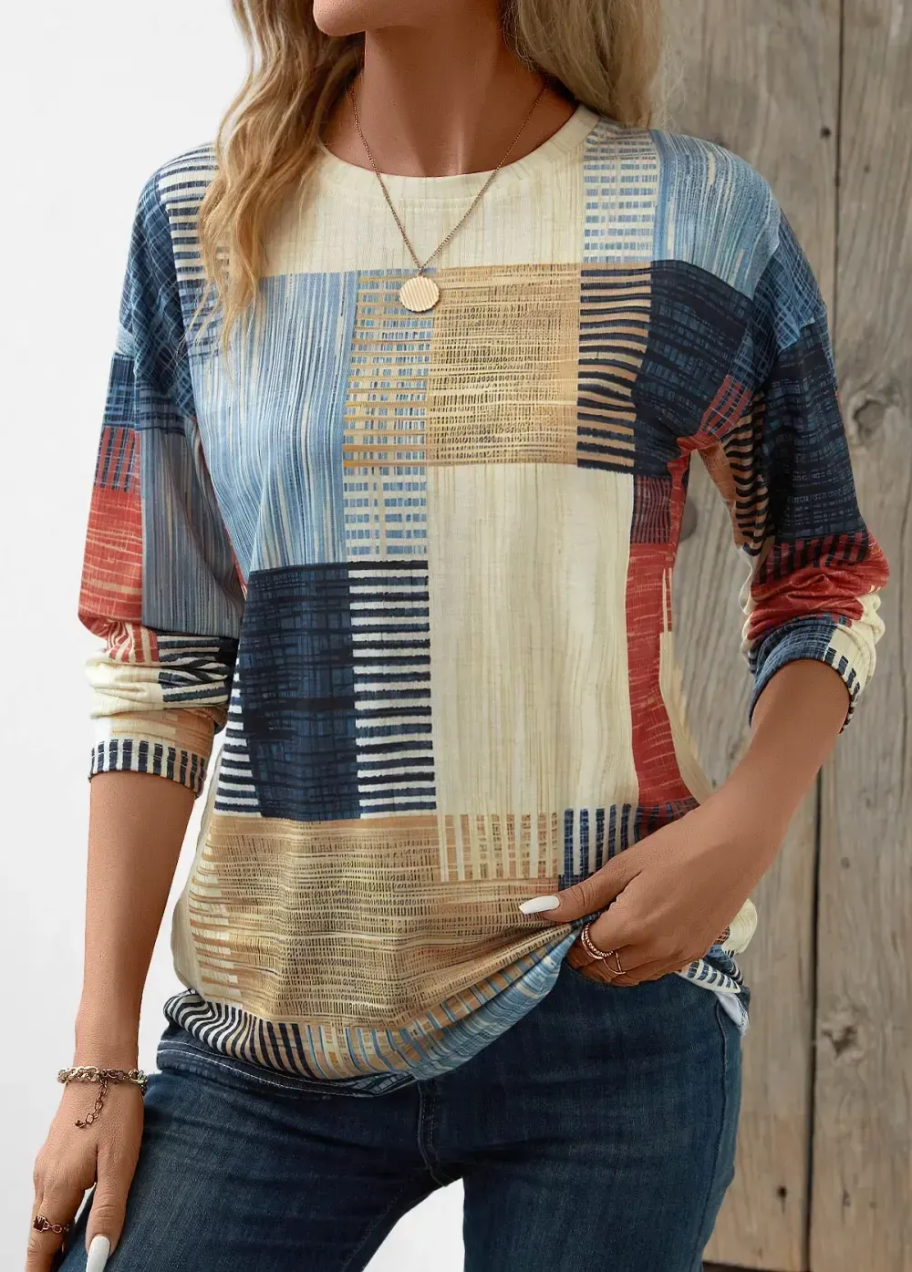 Multi Color Patchwork Geometric Print Long Sleeve T Shirt