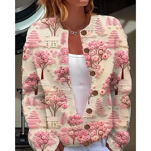 Women's Sweater Daily Graphic Crew Neck Print Long Sleeve Regular Tops Knit Weekend Beige Fall Winter