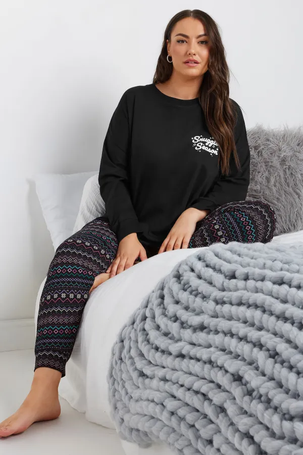 YOURS Curve Black 'Snuggle Season' Fairisle Pyjama Set