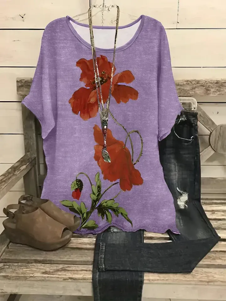 (Clearance Sale⚡)Crew Neck Floral Casual Red Flower Batwing Sleeve Slit Tops