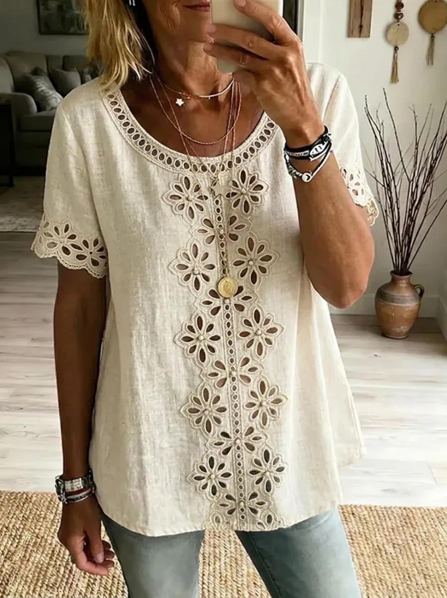 Women's Nashville Floral Eyelet Embroidered Linen Top