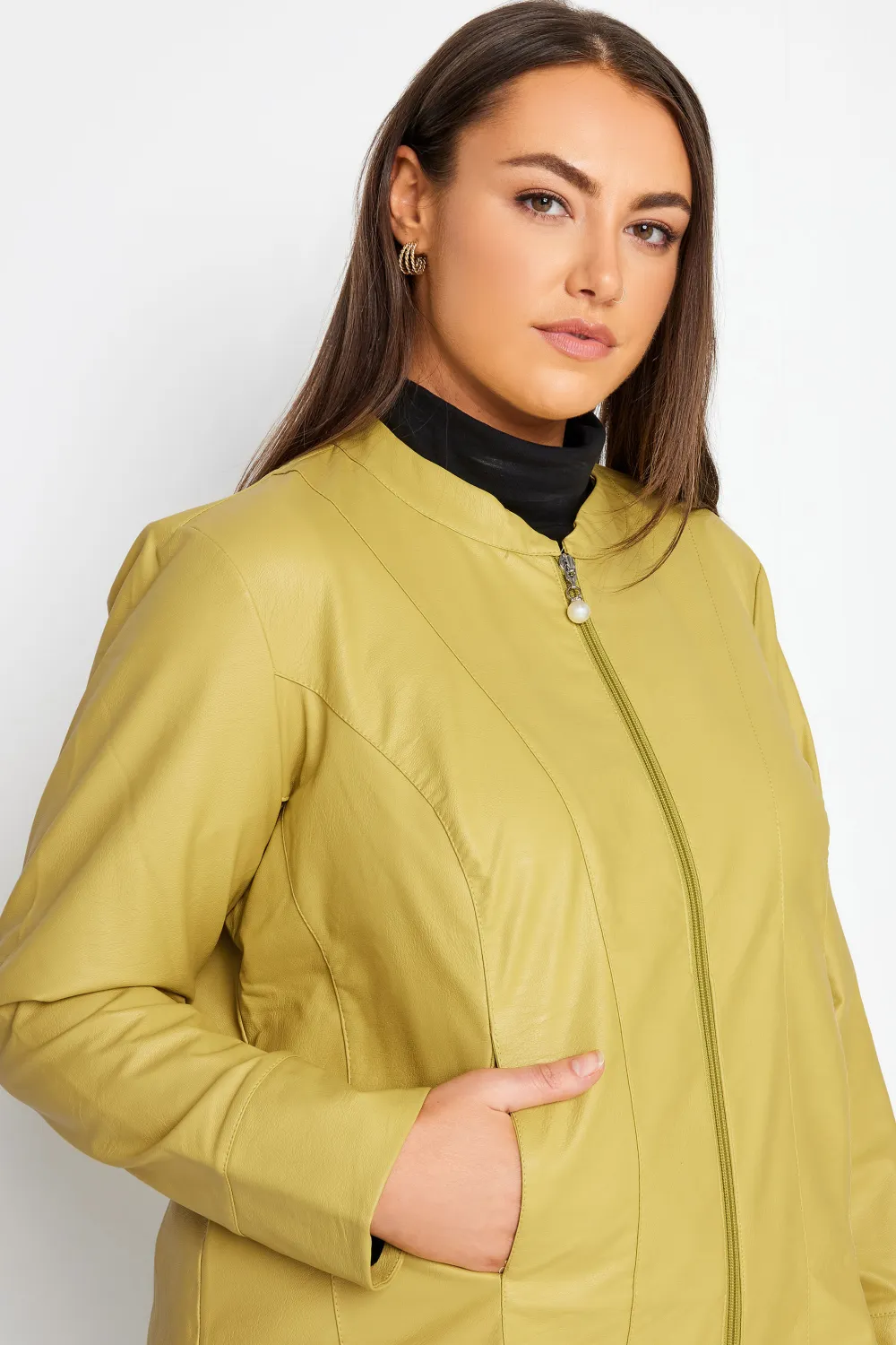 Evans Mustard Yellow Faux Leather Collarless Jacket