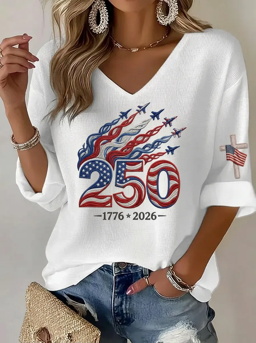 Women's USA 250th Anniversary Jet Fighter Cross Printed V-Neck T-Shirt