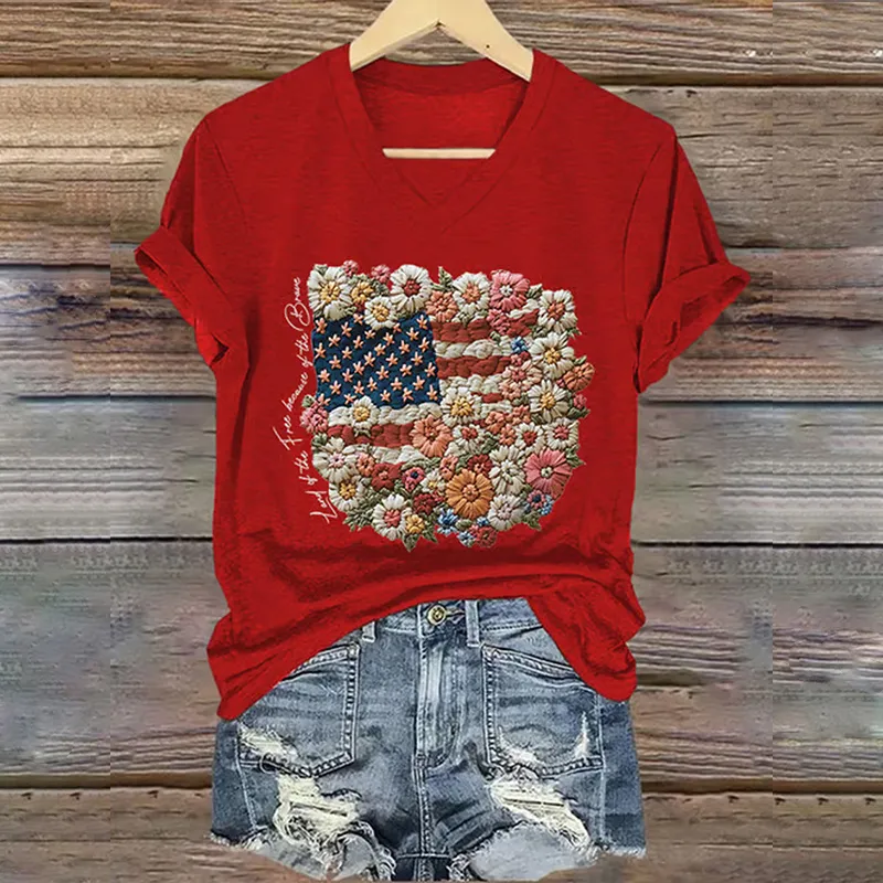 V-neck Retro Independence Day Flowers Because Of The Brave Print T-shirt