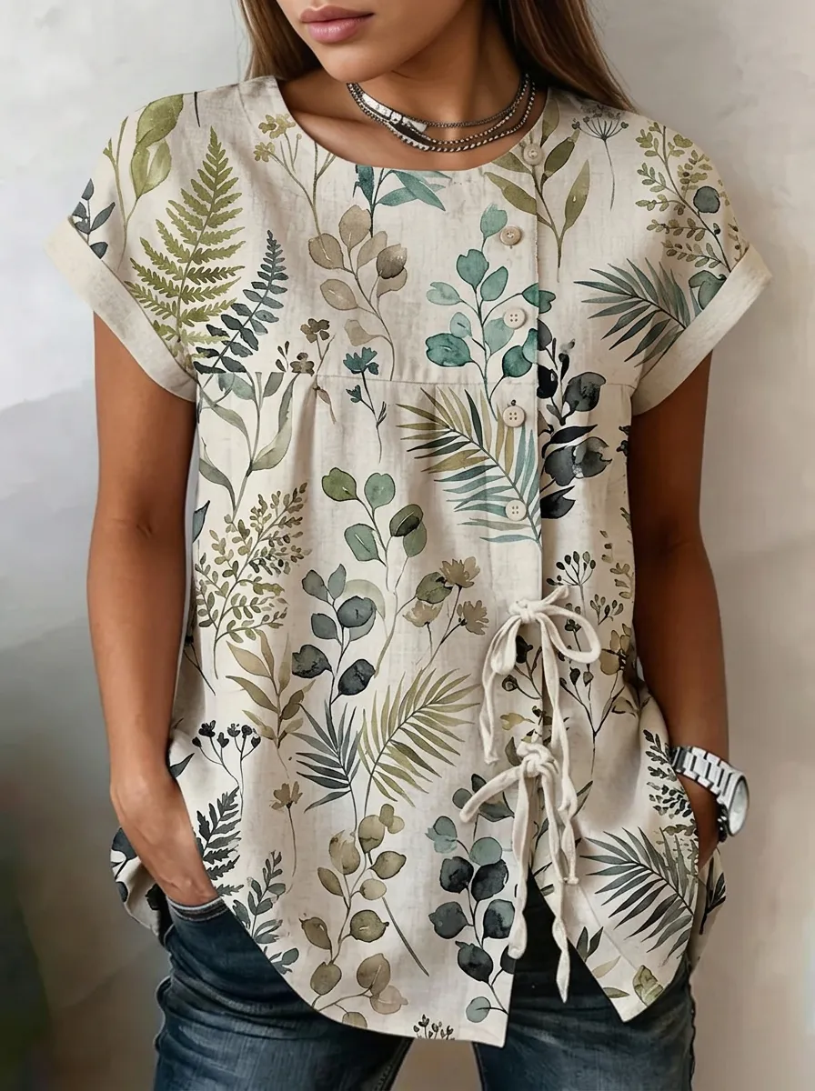 Women's Nashville Botanical Fern Leaf Printed Button-Up Top