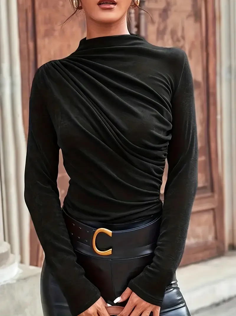 Chic Fall/Winter Ruched Mock Neck Top - Slim Fit, Long Sleeve, Solid Color, Stretchy Polyester Blend, Machine Washable