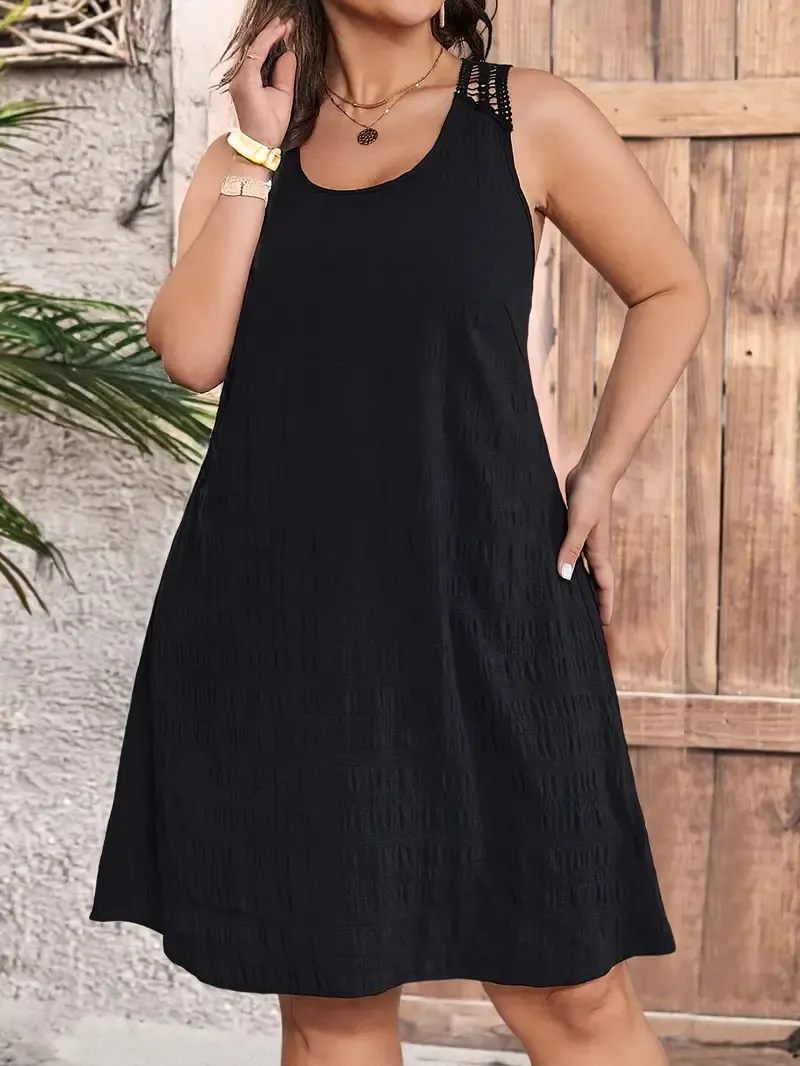 Plus Size Crochet Back Tank Dress, Vacation Style Sleeveless A-line Midi Flowy Dress For Spring & Summer, Women's Plus Size Clothing