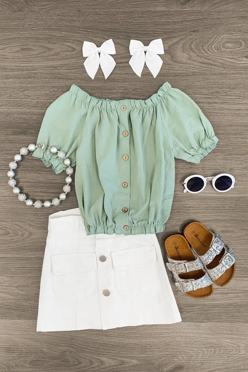 Green & White Denim Skirt Set