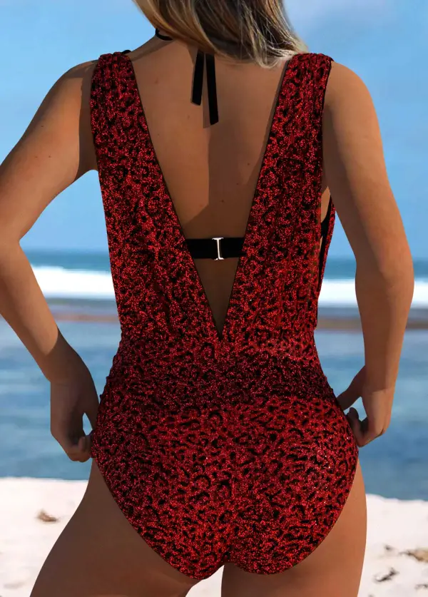 Jacquard Leopard Wine Red One Piece Swimwear and Bra