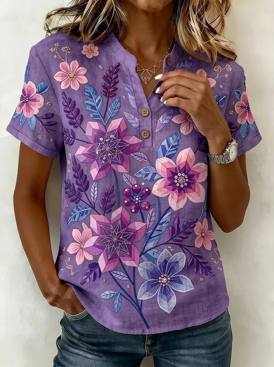 Women's Nashville Floral Geometric Printed Henley Shirt