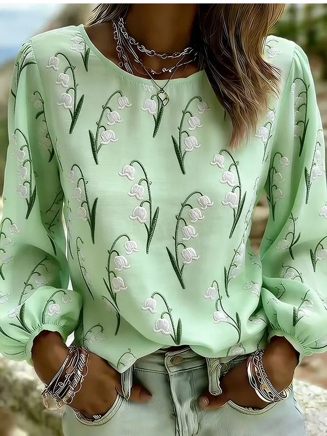 Women'S Floral Art Printed Casual Long Sleeved Shirt