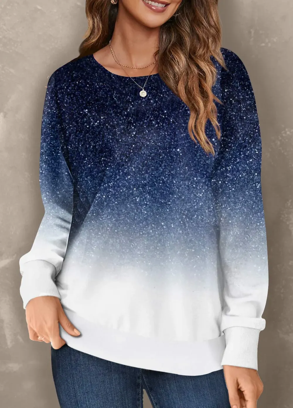 Ombre Navy Round Neck Long Sleeve Sweatshirt