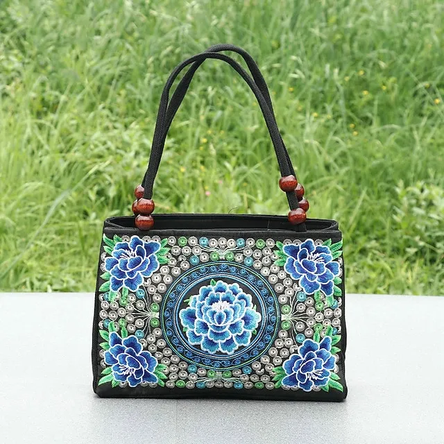 Women's Handbag Canvas Outdoor Holiday Embroidery Large Capacity Breathable Lightweight Folk Dark Red Black / Red Blue peacock