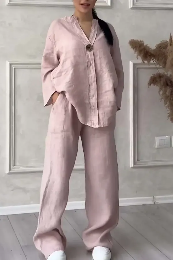Women Casual button decorated cotton and linen two-piece set