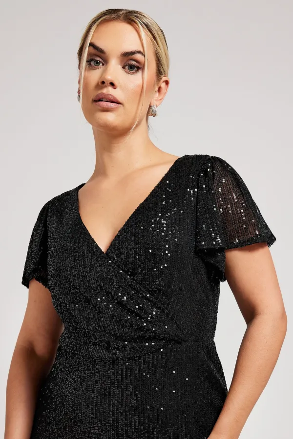 YOURS LONDON Curve Black Sequin Embellished Wrap Dress