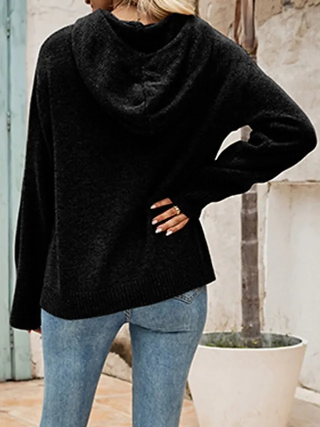 Women's Cardigan Sweater Jumper Ribbed Knit Regular Button Solid Color Hooded Stylish Casual Outdoor Daily Fall Winter Black White S M L