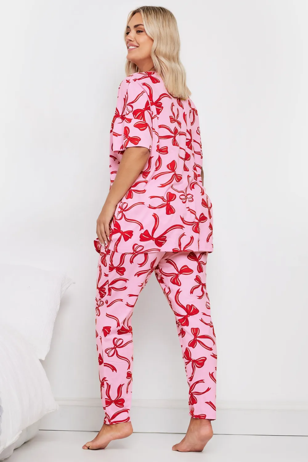 YOURS Curve Pink Bow Print Tapered Pyjama Set