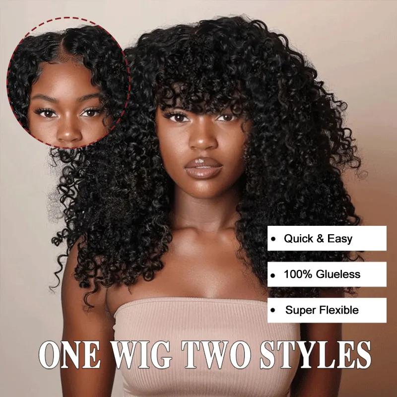 One Wig Two Styles | Glueless 5x5 Curly Wave Lace Closure Wig With Removable Bangs