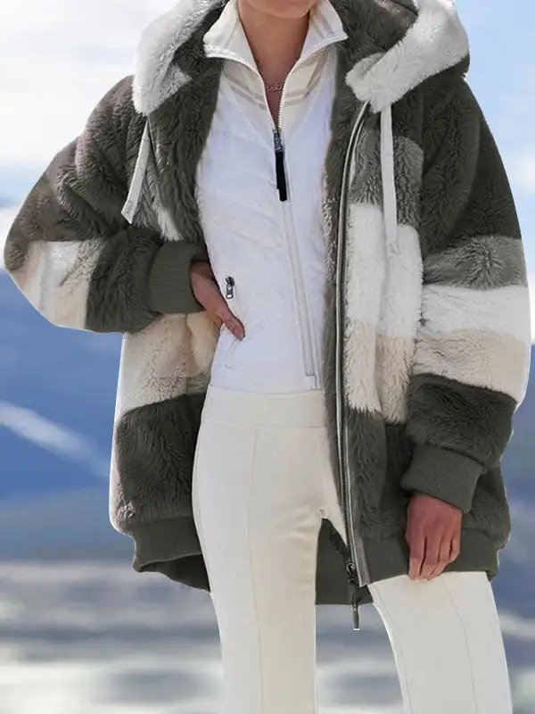 Loose Plush Multicolor Hooded Coat