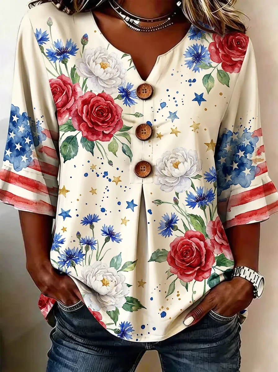 Women's Nashville Patriotic Rose Floral Stars Printed V-Neck Top