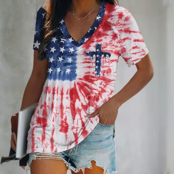 V-neck Retro Independence Day Tie Dye Flag Faith Cross Print T-shirt