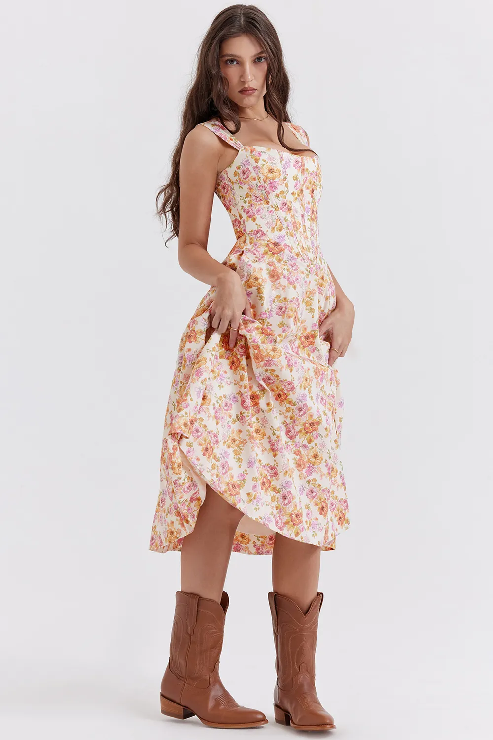 FLORAL LACE-UP CORSET A-LINE SUN DRESS