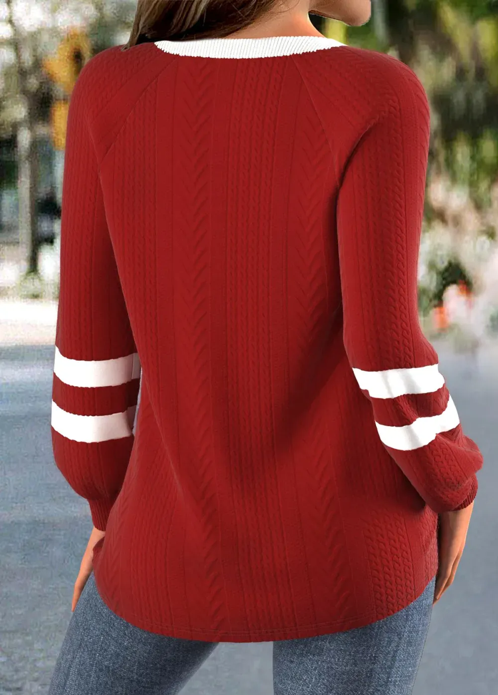 Red Textured Fabric Long Sleeve Round Neck Sweatshirt