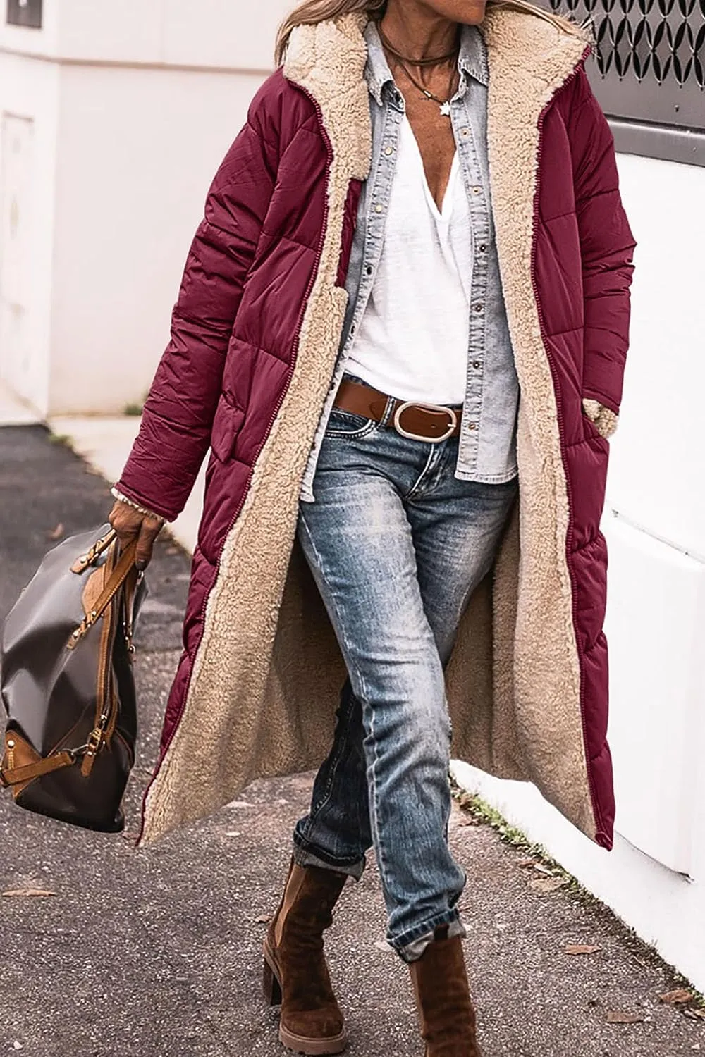 Women's 2023 Warm Winter Coats Reversible Sherpa Fleece Long Hooded Puffer Jackets Outerwear