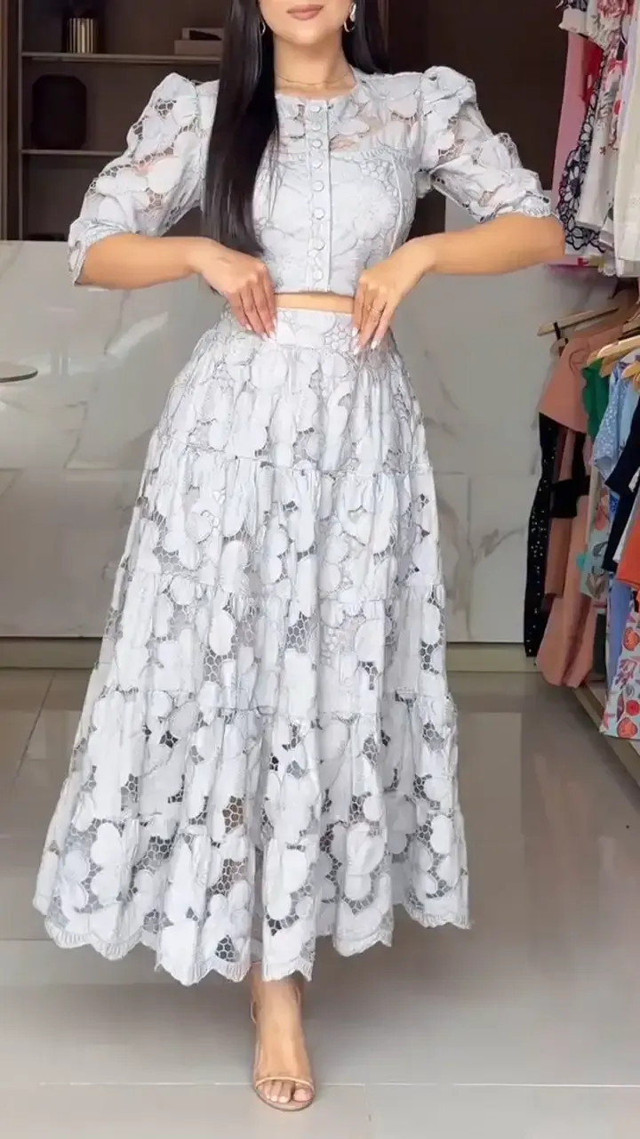 Women's Round Neck Hollow Print Top + Skirt Casual Suit