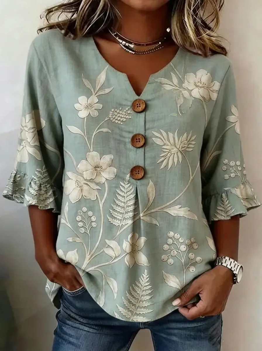 Women's Nashville Floral Botanical Printed Button V-Neck Top